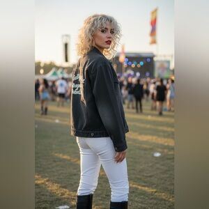 Graphic Black Denim Jacket Punk Streetwear moto Jean Jacket Angel Patch